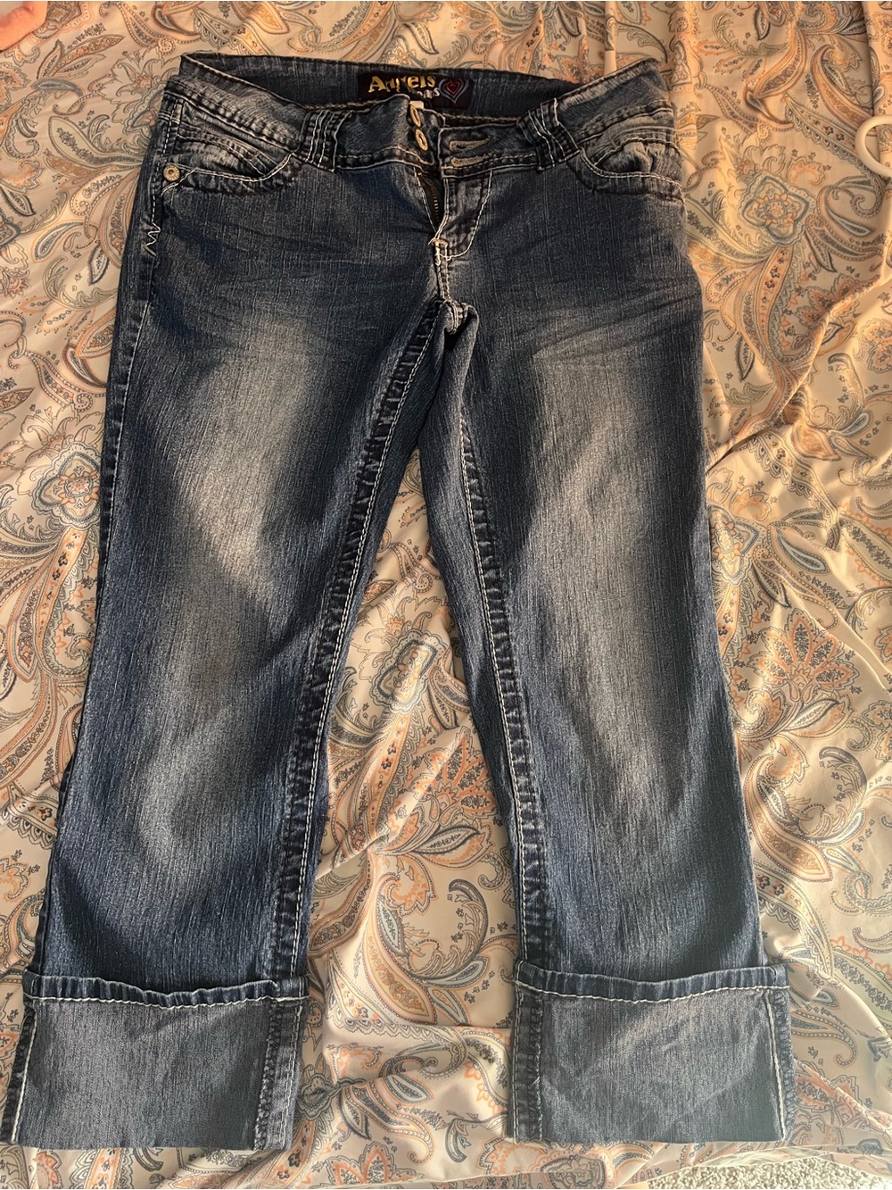Y2K Angels Dark Wash Cuffed Low Rise Jeans - Indigo Blue
